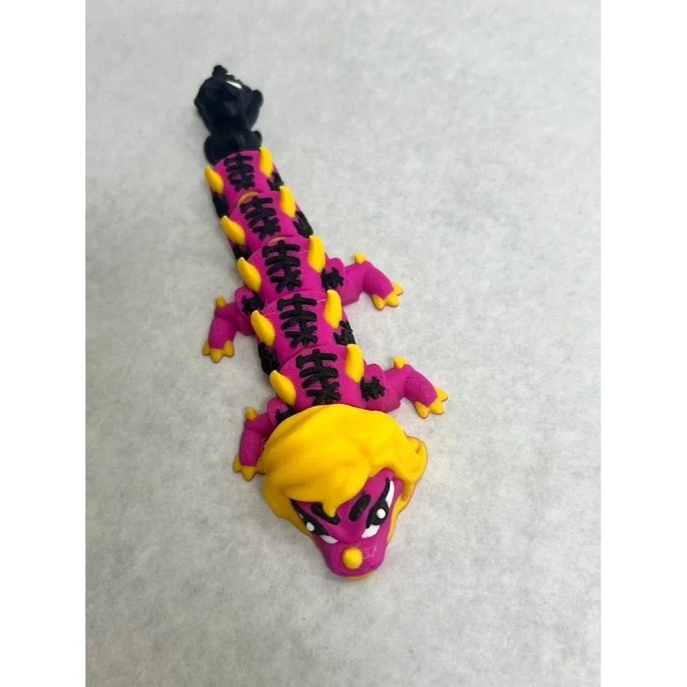 3D Printed Articulated Salem Sister Dragon Toy Magenta Yellow Black Cat Tail